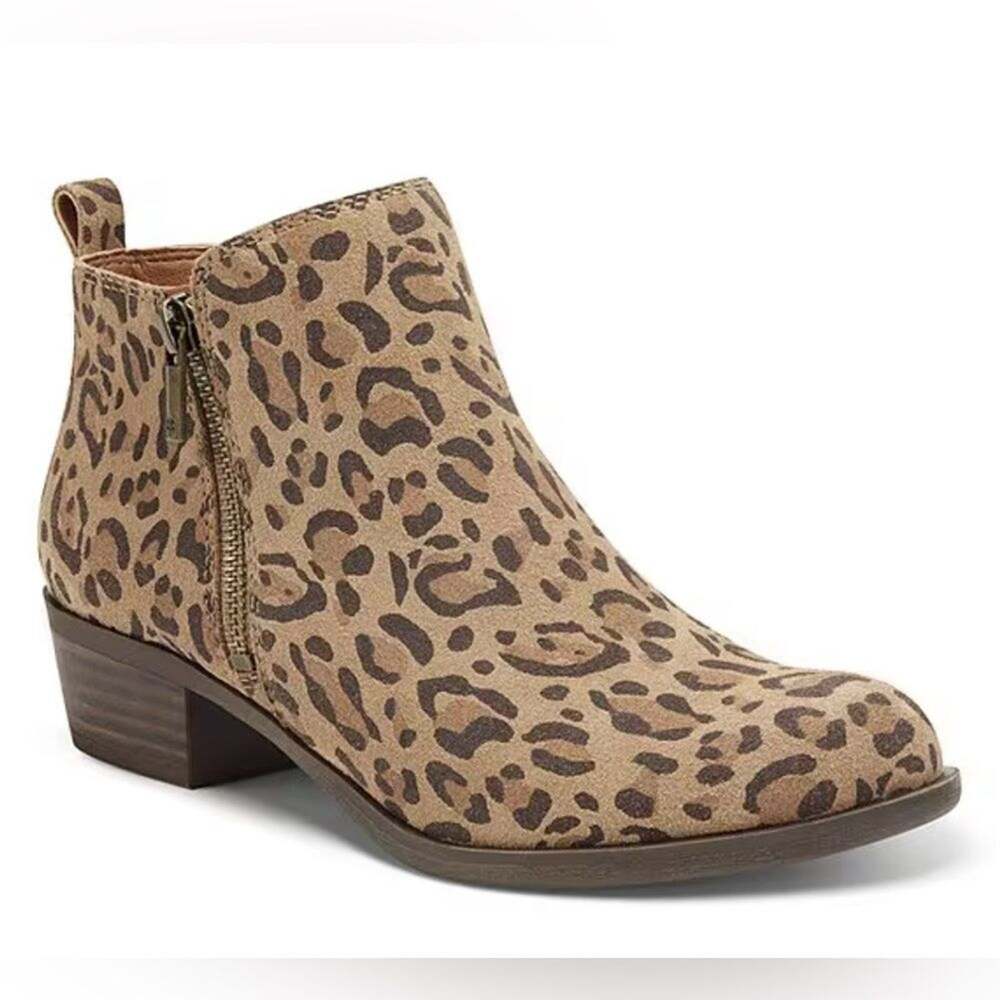 Lucky Brand Basel Leopard Printed Leather Side Zip Block Heel Ankle Booties 6.5M